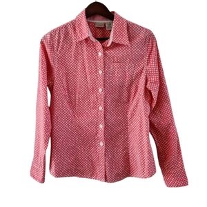 LL Bean Pink Polka Dot button Front Top Blouse Cotton Womens Size Small Regular